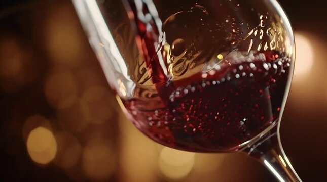 Red wine pouring into a glass against a warm bokeh background