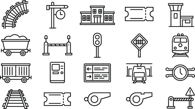 Railway station and train travel line icon set featuring tracks tickets cargo and terminal vectors