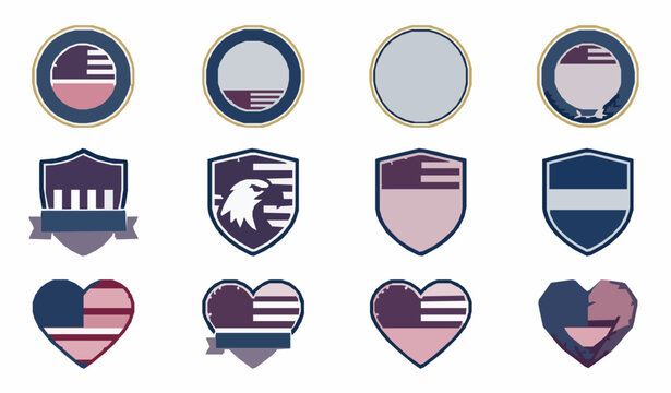United States Flag Badge Collection Flat Vector Icons with Heart Shape USA Symbols Set