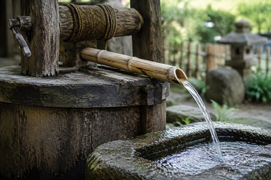 Ancient wooden wellhead with bamboo pipe channeling water into stone trough.