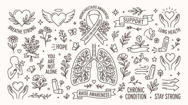 Breathe Strong: Bronchiectasis Awareness Collection with Lungs, Ribbons, and Support Symbols.