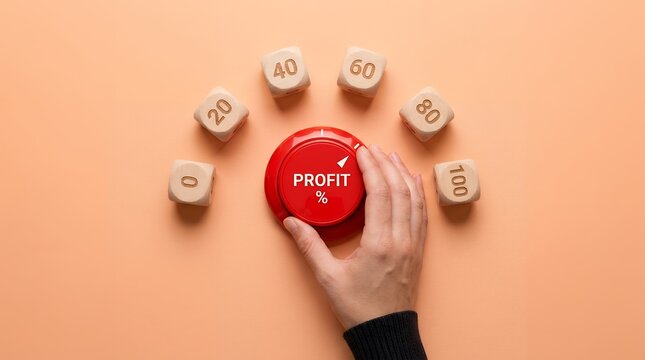 Hand turning red profit dial button on orange background, wooden blocks with percentage numbers, financial growth and business success concept