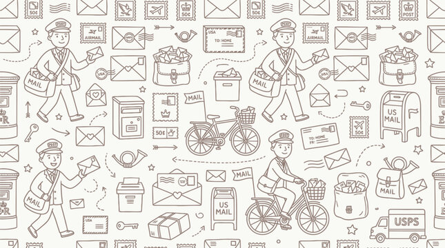 Seamless pattern of mail carriers, mailboxes, envelopes, and postal services in a charming hand-drawn doodle style.