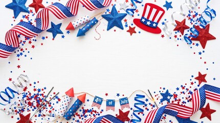 Obraz premium Happy Independence Day Greeting Template with Stars and Confetti on White