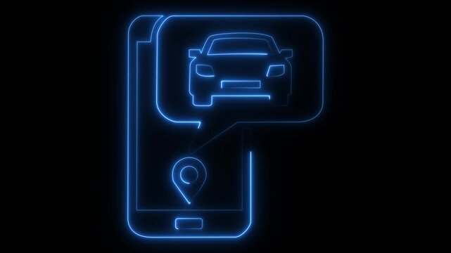 glowing neon Smartphone icon with a car in a speech bubble and location pin on black background. Perfect for ride-sharing apps, online taxi booking services, navigation and vehicle tracking systems
