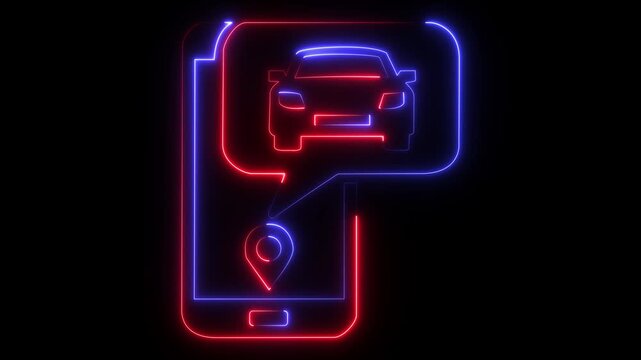 glowing neon Smartphone icon with a car in a speech bubble and location pin on black background. Perfect for ride-sharing apps, online taxi booking services, navigation and vehicle tracking systems