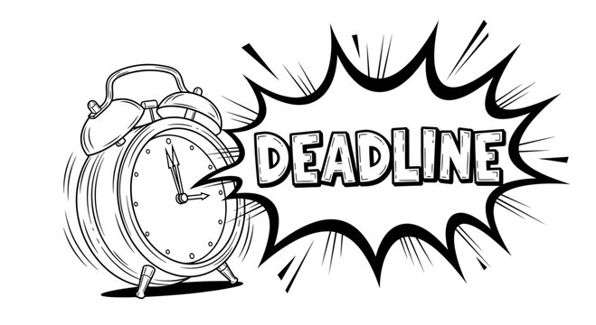 Alarm clock with 'DEADLINE' comic bubble, time running out, urgent concept