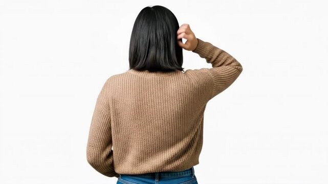 A woman seen from behind scratching her head in a moment of deep confusion