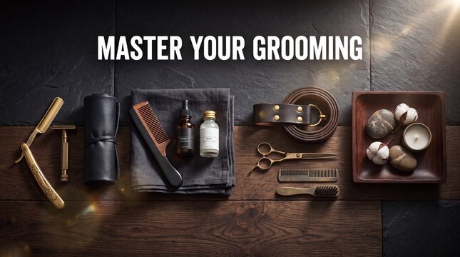 Luxury shaving tools and grooming accessories arranged on dark wood surface