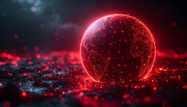 A digital rendering features a glowing, red Earth with interconnected lines, surrounded by a dark, textured field of scattered light