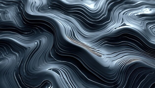 Abstract flowing metallic liquid texture with glossy reflective waves in monochrome high contrast