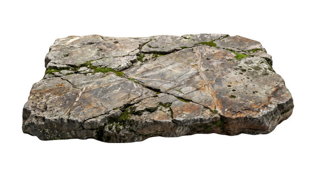 Natural stone podium with moss, flat rock platform for product display, weathered granite slab with organic texture and cracks isolated on Transparent Background