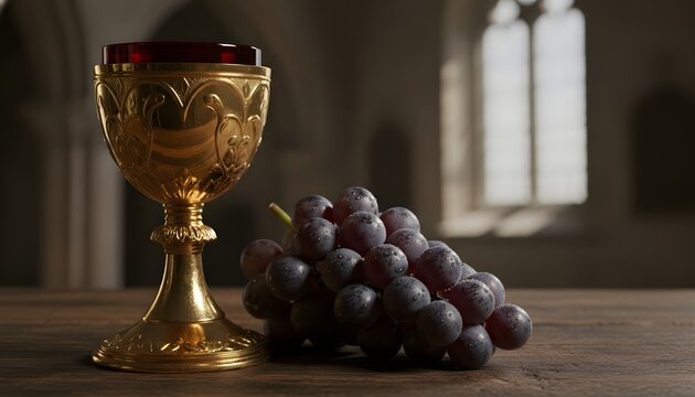 Macro shot of a golden chalice with wine and grapes on a rustic wooden table in a church setting, representing the holy communion and Corpus Christi concept