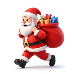 Fototapeta premium Running Santa Claus Carrying Christmas Gift Sack – Cute Cartoon Vector Illustration