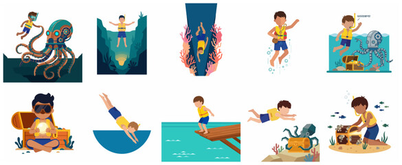Fototapeta premium Set of Underwater Adventure Illustrations Featuring a Boy Snorkeling, Diving, and Finding Hidden Treasure