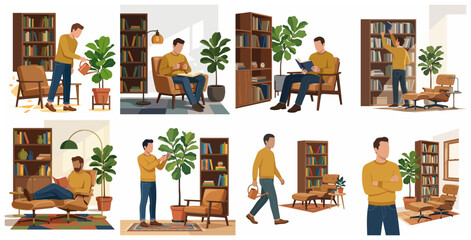 Set of lifestyle illustrations featuring a man reading, gardening, and relaxing in a cozy mid-century modern home interior with bookshelves and potted plants. © Arne