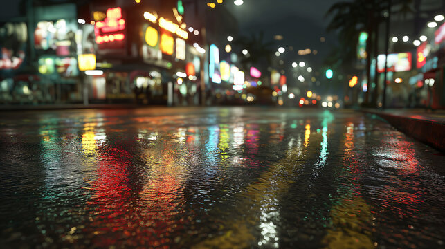 Rainy Night City Street Reflections with Neon Lights and Wet Pavement