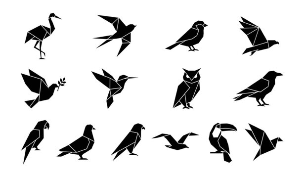Origami Bird Silhouette Vector Set with Low Poly Polygon Geometric Flying Bird Collection