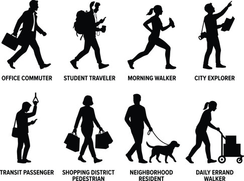 Set of diverse city pedestrian silhouettes representing daily routine urban lifestyles and community activities vector