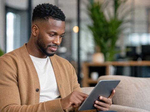 Generative AI, Relaxed Black man using a digital tablet at home