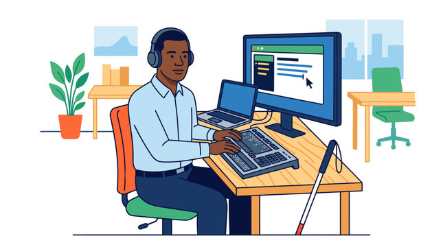 Blind man working at office desk using braille keyboard and computer for accessibility