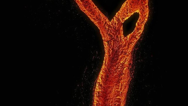 Dramatic molten lava flow during powerful volcanic eruption at night