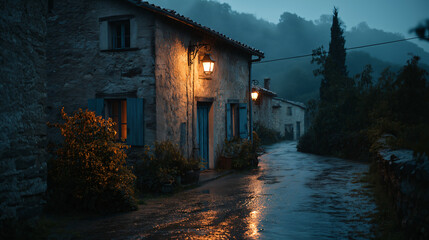 Naklejka premium Abandoned stone house on rainy village street at dusk with warm light glow
