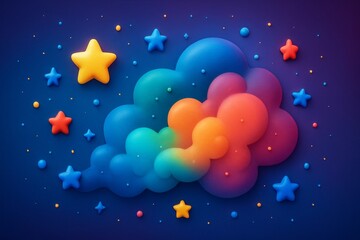 Fototapeta premium Colorful abstract cloud with glowing stars on dark blue background representing cosmic science and dreamy light concept in soft 3D style. Ai generative