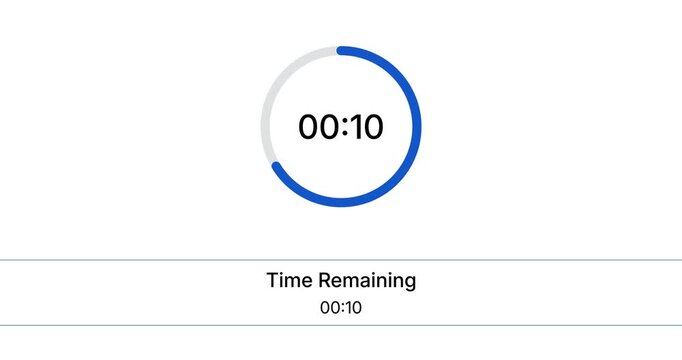 Minimalist digital circular countdown timer and modern blue progress bar UI element showing ten seconds time remaining on a solid white background