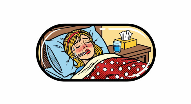 sick woman lying in bed with thermometer
