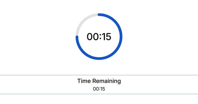 Minimalist digital circular countdown timer and modern blue progress bar UI element showing ten seconds time remaining on a solid white background