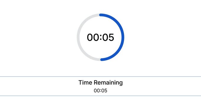 Minimalist digital circular countdown timer and modern blue progress bar UI element showing ten seconds time remaining on a solid white background