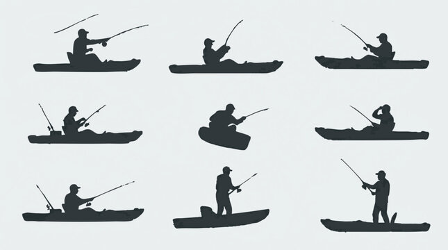Kayak fishing silhouettes with anglers in various action poses