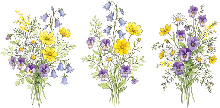 Set of three watercolor wildflower bouquets featuring bluebells pansies and daisies isolated on a white background for floral design