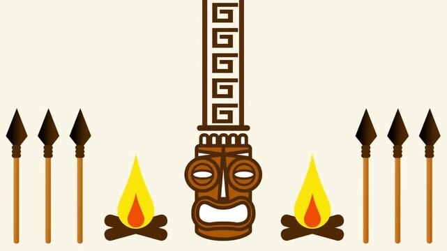 A tiki warrior statue stands beside a campfire flanked by many spears near a tall patterned wall game scene