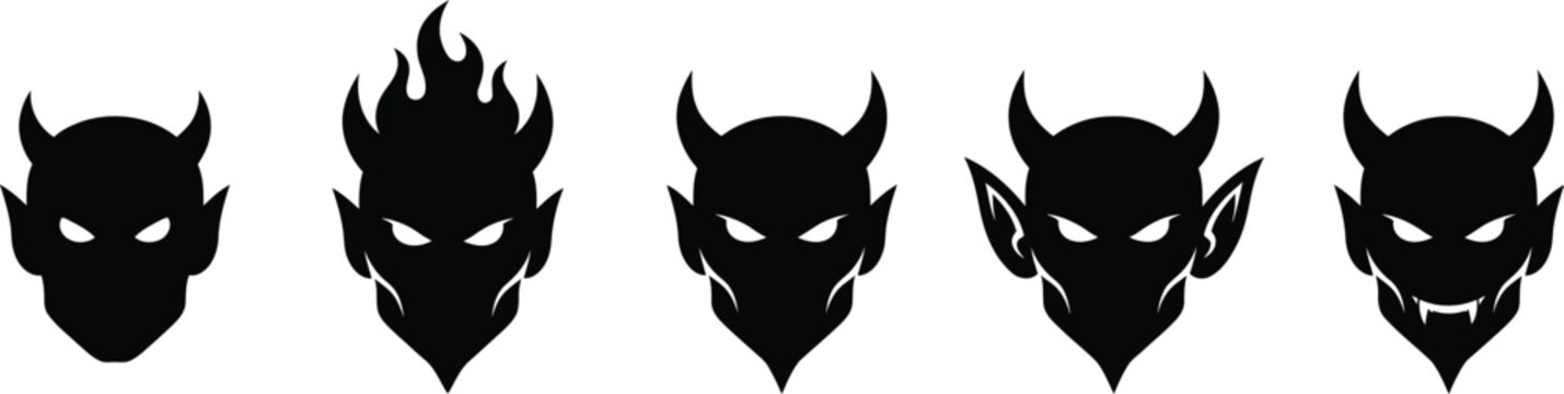 Five black silhouette devil head designs for mascot or halloween graphics