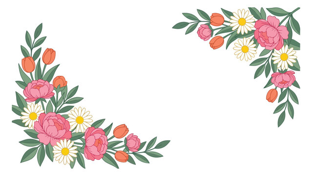 Spring floral corner flower clipart with pink peonies, tulips, daisies and green leaves vector