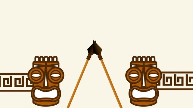 Two tiki warrior masks are displayed with two crossed spears between them on a patterned wall tribal game scene