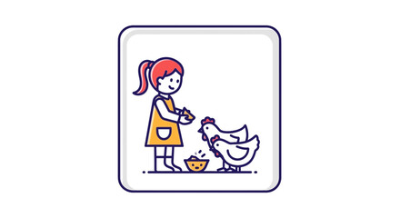 Fototapeta premium Girl feeding chickens in a simple cartoon icon style