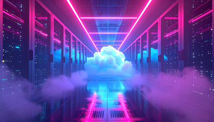 Fototapeta premium A data center with rows of server racks, lit with neon lights and a fluffy cloud formation. The scene is bathed in pink and blue hues