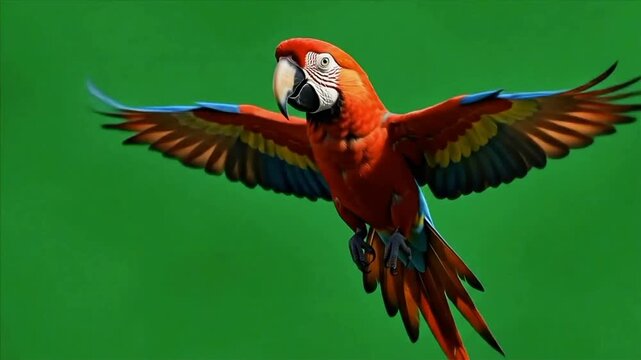 Animation of a tropical red macaw parrot flying isolated on a green screen chroma key background.