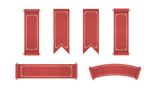 Detailed set of red scroll banners and ribbons with elegant gold trim for festive decoration