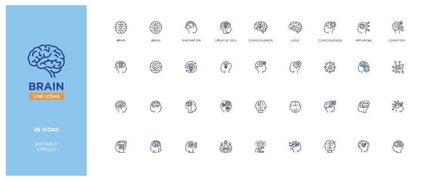 Comprehensive set of thirty-six brain line icons representing human intelligence and technology.