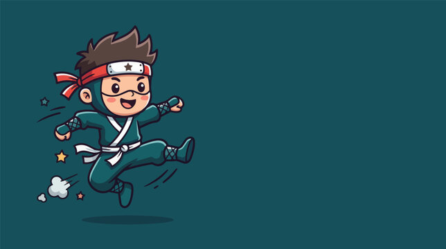 Cute little ninja boy jumping in action pose with martial arts costume headband and playful expression cartoon vector illustration on dark background with negative space.