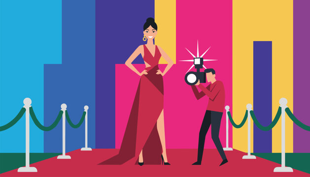 Elegant celebrity poses in a stunning red dress on the red carpet while a photographer takes her picture.