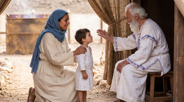 medium shot at eye level of Hannah kneeling before the elderly priest Eli at the entrance of the sanctuary in Shiloh, gently presenting her young son Samuel as her fulfilled