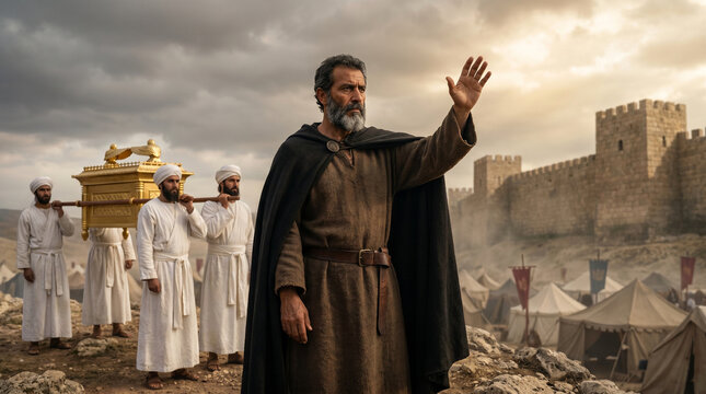 medium shot at eye level of Joshua standing on a rocky rise before the massive stone walls of Jericho, the Ark of the Covenant carried by priests behind him, the Israelite camp visib