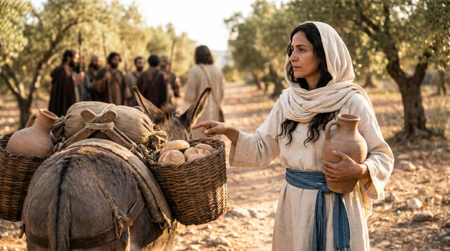 medium shot in side profile of Abigail standing beside a donkey loaded with food supplies, speaking to David (off-camera) while pointing to the bread and wine