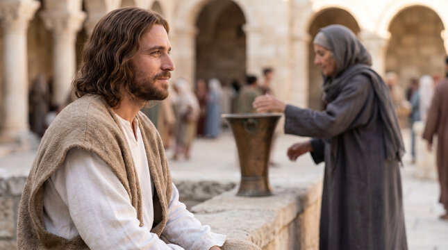 medium shot in side profile of Jesus Christ seated across the Court of Women, watching the widow put her two small coins into the treasury. The Widow's Mite, a biblical scene