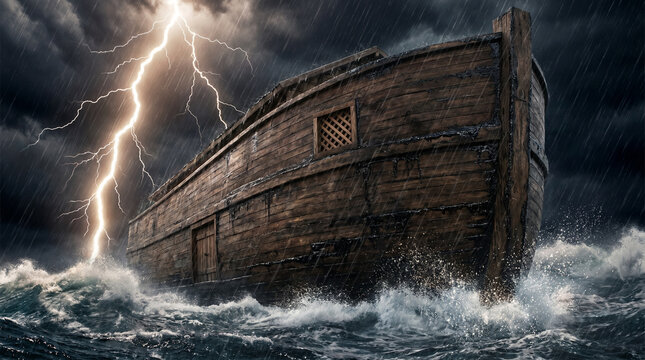 Noah&rsquo;s Ark under lightning and storm, Old Testament biblical scene